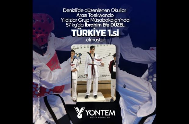 Denizli'de düzenlenen Okullar Arası Taekwondo Yıldızlar Grup Müsabakaları'nda 57 kg'da İbrahim Efe DÜZEL Türkiye 1.si olmuştur.