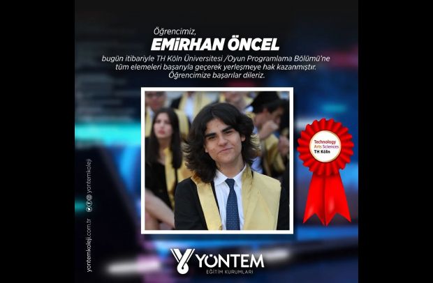 Öğrencimiz Emirhan Öncel bugün itibariyle TH Köln Üniversitesi /Oyun Programlama Bölümü'ne tüm elemeleri başarıyla geçerek yerleşmeye hak kazanmıştır.
