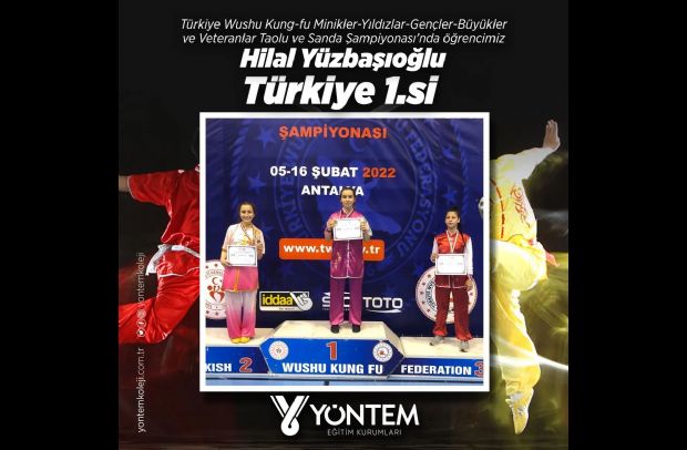 Minikler-Yıldızlar-Gençler-Büyükler ve Veteranlar Taolu ve Sanda Şampiyonası'nda öğrencimiz Hilal Yüzbaşıoğlu Türkiye 1.si olmuştur.