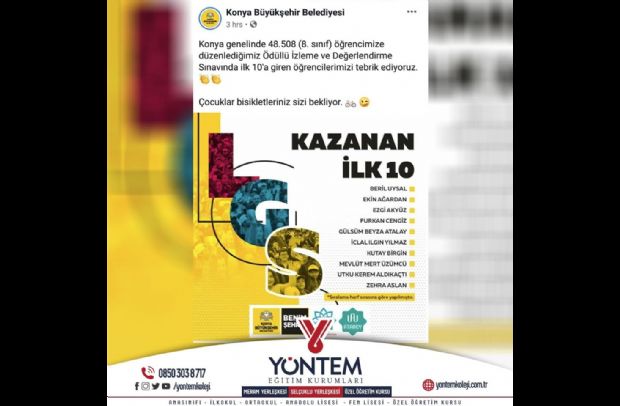  Ödüllü İzleme ve Değerlendirme Sınavı'nda Selçuklu Yerleşkesinden ve Meram Yerleşkesinden 2 öğrencimiz ilk 10'a girmiştir. 